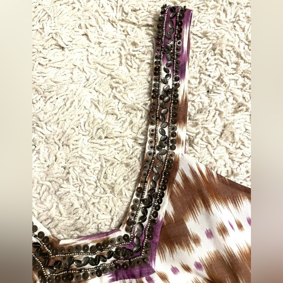 TRINA TURK purple brown white tie die sleeveless beaded shirt top blouse small s - Picture 3 of 6